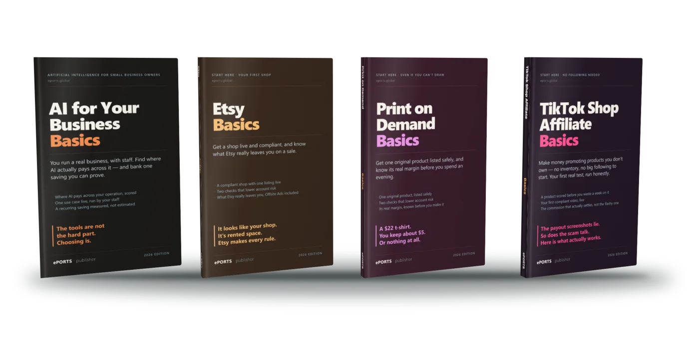 Four ePORTS books: AI for Your Business, Etsy, Print on Demand and TikTok Shop Affiliate, each at Basics level