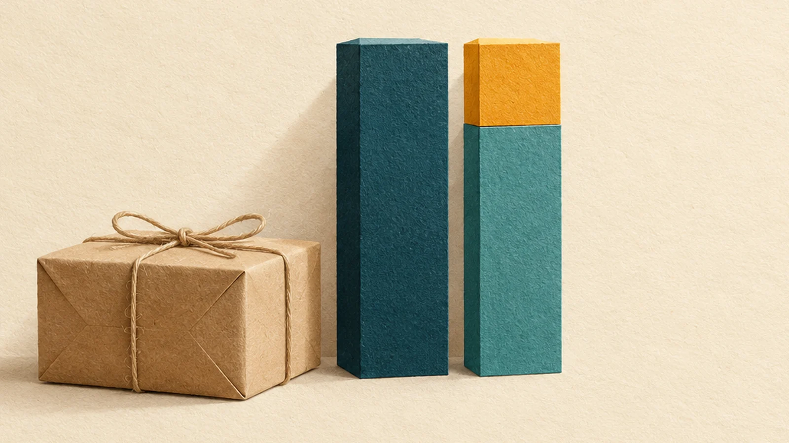 A kraft parcel beside two paper columns: a tall teal one, and a shorter one topped with an orange block so both stand the same height